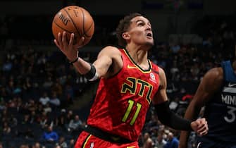 MINNEAPOLIS, MN -  FEBRUARY 5: Trae Young #11 of the Atlanta Hawks drives to the basket against the Minnesota Timberwolves on February 5, 2020 at Target Center in Minneapolis, Minnesota. NOTE TO USER: User expressly acknowledges and agrees that, by downloading and or using this Photograph, user is consenting to the terms and conditions of the Getty Images License Agreement. Mandatory Copyright Notice: Copyright 2020 NBAE (Photo by David Sherman/NBAE via Getty Images)
