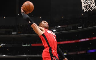 LOS ANGELES, CA - FEBRUARY 6: Russell Westbrook #0 of the Houston Rockets shoots the ball against the Los Angeles Lakers on February 6, 2020 at STAPLES Center in Los Angeles, California. NOTE TO USER: User expressly acknowledges and agrees that, by downloading and/or using this Photograph, user is consenting to the terms and conditions of the Getty Images License Agreement. Mandatory Copyright Notice: Copyright 2020 NBAE (Photo by Andrew D. Bernstein/NBAE via Getty Images)