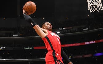 1199127846 LOS ANGELES, CA - FEBRUARY 6: Russell Westbrook #0 of the Houston Rockets shoots the ball against the Los Angeles Lakers on February 6, 2020 at STAPLES Center in Los Angeles, California. NOTE TO USER: User expressly acknowledges and agrees that, by downloading and/or using this Photograph, user is consenting to the terms and conditions of the Getty Images License Agreement. Mandatory Copyright Notice: Copyright 2020 NBAE (Photo by Andrew D. Bernstein/NBAE via Getty Images)