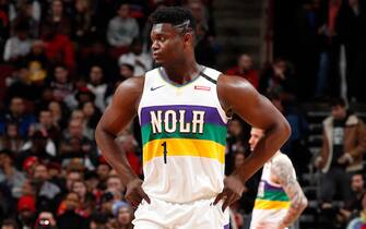 1199111456 CHICAGO, IL - FEBRUARY 6: Zion Williamson #1 of the New Orleans Pelicans looks on during the game against the Chicago Bulls on February 6, 2020 at United Center in Chicago, Illinois. NOTE TO USER: User expressly acknowledges and agrees that, by downloading and or using this photograph, User is consenting to the terms and conditions of the Getty Images License Agreement. Mandatory Copyright Notice: Copyright 2020 NBAE (Photo by Jeff Haynes/NBAE via Getty Images)