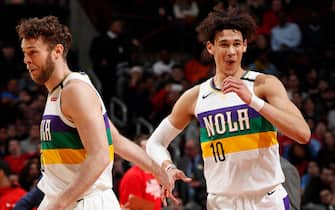 1199111582 CHICAGO, IL - FEBRUARY 6: Nicolo Melli #20 and Jaxson Hayes #10 of the New Orleans Pelicans hi-five during the game against the Chicago Bulls on February 6, 2020 at United Center in Chicago, Illinois. NOTE TO USER: User expressly acknowledges and agrees that, by downloading and or using this photograph, User is consenting to the terms and conditions of the Getty Images License Agreement. Mandatory Copyright Notice: Copyright 2020 NBAE (Photo by Jeff Haynes/NBAE via Getty Images)