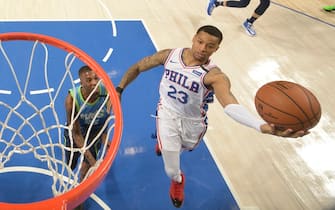 DALLAS, TX - JANUARY 11: Trey Burke #23 of the Philadelphia 76ers drives to the basket during the game against the Dallas Mavericks on January 11, 2020 at the American Airlines Center in Dallas, Texas. NOTE TO USER: User expressly acknowledges and agrees that, by downloading and or using this photograph, User is consenting to the terms and conditions of the Getty Images License Agreement. Mandatory Copyright Notice: Copyright 2020 NBAE (Photo by Glenn James/NBAE via Getty Images)