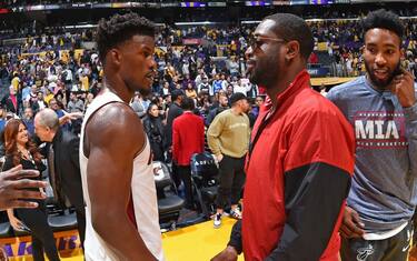 LOS ANGELES, CA - NOVEMBER 8: Jimmy Butler #22 of the Miami Heat talks with Retired NBA Player, Dwyane Wade after the game against the Los Angeles Lakers on November 8, 2019 at STAPLES Center in Los Angeles, California. NOTE TO USER: User expressly acknowledges and agrees that, by downloading and/or using this Photograph, user is consenting to the terms and conditions of the Getty Images License Agreement. Mandatory Copyright Notice: Copyright 2019 NBAE (Photo by Andrew D. Bernstein/NBAE via Getty Images)