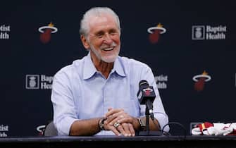 MIAMI, FLORIDA - SEPTEMBER 27:  President Pat Riley of the Miami Heat addresses the media during the introductory press conference for Jimmy Butler at American Airlines Arena on September 27, 2019 in Miami, Florida. NOTE TO USER: User expressly acknowledges and agrees that, by downloading and or using this photograph, User is consenting to the terms and conditions of the Getty Images License Agreement.  (Photo by Michael Reaves/Getty Images)
