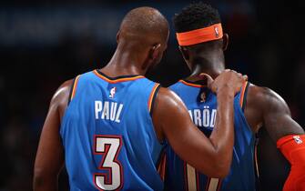 OKLAHOMA CITY, OK - FEBRUARY 7: Chris Paul #3 and Dennis Schroder #17 of the Oklahoma City Thunder talk during the game against the Detroit Pistons on February 7, 2020 at Chesapeake Energy Arena in Oklahoma City, Oklahoma. NOTE TO USER: User expressly acknowledges and agrees that, by downloading and or using this photograph, User is consenting to the terms and conditions of the Getty Images License Agreement. Mandatory Copyright Notice: Copyright 2020 NBAE (Photo by Zach Beeker/NBAE via Getty Images)