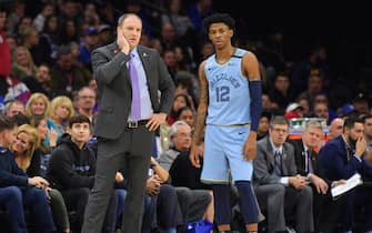 PHILADELPHIA, PA - FEBRUARY 07: Head coach Taylor Jenkins and Ja Morant #12 of the Memphis Grizzlies look on against the Philadelphia 76ers in the first half at Wells Fargo Center on February 7, 2020 in Philadelphia, Pennsylvania. NOTE TO USER: User expressly acknowledges and agrees that, by downloading and or using this photograph, User is consenting to the terms and conditions of the Getty Images License Agreement.  (Photo by Drew Hallowell/Getty Images)