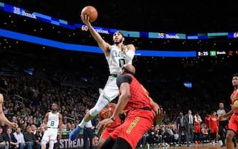 BOSTON, MA - FEBRUARY 7: Jayson Tatum #0 of the Boston Celtics drives to the basket during a game against the Atlanta Hawks on February 7, 2020 at the TD Garden in Boston, Massachusetts.  NOTE TO USER: User expressly acknowledges and agrees that, by downloading and or using this photograph, User is consenting to the terms and conditions of the Getty Images License Agreement. Mandatory Copyright Notice: Copyright 2020 NBAE  (Photo by Brian Babineau/NBAE via Getty Images)