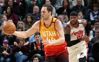 SALT LAKE CITY, UT - FEBRUARY 7: Bojan Bogdanovic #44 of the Utah Jazz handles the ball during a game against the Portland Trail Blazers on February 7, 2020 at vivint.SmartHome Arena in Salt Lake City, Utah. NOTE TO USER: User expressly acknowledges and agrees that, by downloading and or using this Photograph, User is consenting to the terms and conditions of the Getty Images License Agreement. Mandatory Copyright Notice: Copyright 2020 NBAE (Photo by Melissa Majchrzak/NBAE via Getty Images)