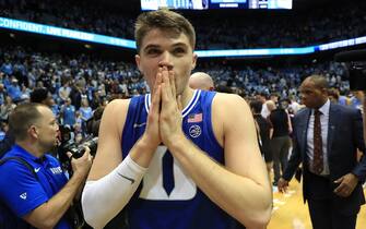CHAPEL HILL, NORTH CAROLINA - FEBRUARY 08: Joey Baker #13 of the Duke Blue Devils reacts after defeating the North Carolina Tar Heels 98-96 in their game at Dean Smith Center on February 08, 2020 in Chapel Hill, North Carolina. (Photo by Streeter Lecka/Getty Images)