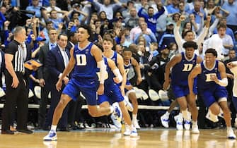 CHAPEL HILL, NORTH CAROLINA - FEBRUARY 08: Tre Jones #3 of the Duke Blue Devils reacts after making a shot at the end of regulation to send the game to overtime against the North Carolina Tar Heels at Dean Smith Center on February 08, 2020 in Chapel Hill, North Carolina. (Photo by Streeter Lecka/Getty Images)
