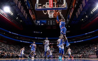 DETROIT, MI - FEBRUARY 8: Julius Randle #30 of the New York Knicks dunks the ball against the Detroit Pistons on February 08, 2020 at Little Caesars Arena in Detroit, Michigan. NOTE TO USER: User expressly acknowledges and agrees that, by downloading and/or using this photograph, User is consenting to the terms and conditions of the Getty Images License Agreement. Mandatory Copyright Notice: Copyright 2020 NBAE (Photo by Chris Schwegler/NBAE via Getty Images)