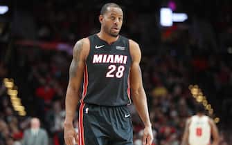PORTLAND, OREGON - FEBRUARY 09: Andre Iguodala #28 of the Miami Heat looks on in the second quarter against the Portland Trail Blazers during their game at Moda Center on February 09, 2020 in Portland, Oregon. NOTE TO USER: User expressly acknowledges and agrees that, by downloading and or using this photograph, User is consenting to the terms and conditions of the Getty Images License Agreement. (Photo by Abbie Parr/Getty Images)