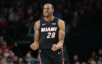 1205177292 PORTLAND, OREGON - FEBRUARY 09: Andre Iguodala #28 of the Miami Heat reacts in the fourth quarter against the Portland Trail Blazers during their game at Moda Center on February 09, 2020 in Portland, Oregon. NOTE TO USER: User expressly acknowledges and agrees that, by downloading and or using this photograph, User is consenting to the terms and conditions of the Getty Images License Agreement. (Photo by Abbie Parr/Getty Images)