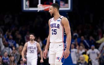 PHILADELPHIA, PA - FEBRUARY 09: Ben Simmons #25 of the Philadelphia 76ers reacts after Furkan Korkmaz #30 dunked the ball against the Chicago Bulls in the fourth quarter at the Wells Fargo Center on February 9, 2020 in Philadelphia, Pennsylvania. The 76ers defeated the Bulls 118-111. NOTE TO USER: User expressly acknowledges and agrees that, by downloading and/or using this photograph, user is consenting to the terms and conditions of the Getty Images License Agreement. (Photo by Mitchell Leff/Getty Images)