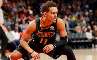 ATLANTA, GEORGIA - FEBRUARY 09:  Trae Young #11 of the Atlanta Hawks reacts after missing a basket as time expired in the second half against the New York Knicks at State Farm Arena on February 09, 2020 in Atlanta, Georgia.  NOTE TO USER: User expressly acknowledges and agrees that, by downloading and/or using this photograph, user is consenting to the terms and conditions of the Getty Images License Agreement.  (Photo by Kevin C. Cox/Getty Images)