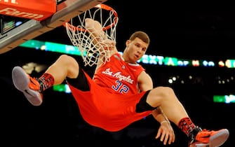 Blake Griffin from the L.A. Clippers slam dunks a ball before winning the All-Stars Slam Dunk contest at the Staples Center in Los Angeles on February 19, 2011. The event took place ahead of Sunday's 60th NBA All-Star Game showdown between Eastern and Western conference superstars at Los Angeles on February 20.        AFP PHOTO/Mark RALSTON (Photo credit should read MARK RALSTON/AFP via Getty Images)