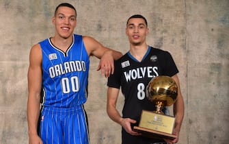 TORONTO, ON - FEBRUARY 13: Aaron Gordon of the Orlando Magic and Zach LaVine of the Minnesota Timberwolves poses for a portrait with the Verizon Slam Dunk trophy as part of NBA All-Star 2016 on February 13, 2016 at the Air Canada Centre in Toronto, Ontario Canada. NOTE TO USER: User expressly acknowledges and agrees that, by downloading and/or using this photograph, user is consenting to the terms and conditions of the Getty Images License Agreement.  Mandatory Copyright Notice: Copyright 2016 NBAE (Photo by Jesse D. Garrabrant/NBAE via Getty Images)