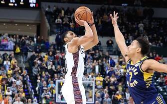 1205420111 INDIANAPOLIS, INDIANA - FEBRUARY 10: Spencer Dinwiddie #26 of the Brooklyn Nets hits the game winning shot in the 106-105 win against the Indiana Pacers at Bankers Life Fieldhouse on February 10, 2020 in Indianapolis, Indiana. NOTE TO USER: User expressly acknowledges and agrees that, by downloading and or using this photograph, User is consenting to the terms and conditions of the Getty Images License Agreement. (Photo by Andy Lyons/Getty Images)