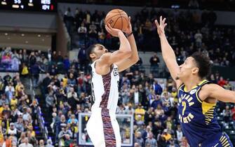 INDIANAPOLIS, INDIANA - FEBRUARY 10:  Spencer Dinwiddie #26 of the Brooklyn Nets hits the game winning shot in the 106-105 win against the Indiana Pacers at Bankers Life Fieldhouse on February 10, 2020 in Indianapolis, Indiana.    NOTE TO USER: User expressly acknowledges and agrees that, by downloading and or using this photograph, User is consenting to the terms and conditions of the Getty Images License Agreement. (Photo by Andy Lyons/Getty Images)