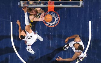 INDIANAPOLIS, IN - FEBRUARY 10: Domantas Sabonis #11 of the Indiana Pacers dunks the ball against the Brooklyn Nets on February 10, 2020 at Bankers Life Fieldhouse in Indianapolis, Indiana. NOTE TO USER: User expressly acknowledges and agrees that, by downloading and or using this Photograph, user is consenting to the terms and conditions of the Getty Images License Agreement. Mandatory Copyright Notice: Copyright 2020 NBAE (Photo by Ron Hoskins/NBAE via Getty Images)
