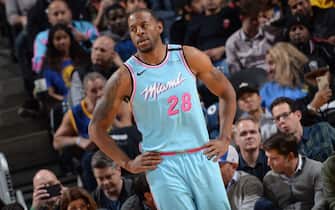 SAN FRANCISCO, CA - FEBRUARY 10: Andre Iguodala #28 of the Miami Heat looks on during the game against the Golden State Warriors on February 10, 2020 at Chase Center in San Francisco, California. NOTE TO USER: User expressly acknowledges and agrees that, by downloading and or using this photograph, user is consenting to the terms and conditions of Getty Images License Agreement. Mandatory Copyright Notice: Copyright 2020 NBAE (Photo by Noah Graham/NBAE via Getty Images)