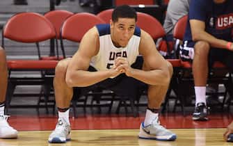 LAS VEGAS, NV - JULY 20:  Malcolm Brogdon of the USA Men's National Team stretches during practice on July 20, 2016 at Mendenhall Center on the University of Nevada, Las Vegas campus in Las Vegas, Nevada. NOTE TO USER: User expressly acknowledges and agrees that, by downloading and or using this photograph, User is consenting to the terms and conditions of the Getty Images License Agreement. Mandatory Copyright Notice: Copyright 2016 NBAE (Photo by Andrew D. Bernstein/NBAE via Getty Images)