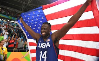 RIO DE JANEIRO, BRAZIL - AUGUST 21:  Draymond Green #14 of the USA Basketball Men's National Team celebrates after winning the Gold Medal Game against Serbia on Day 16 of the Rio 2016 Olympic Games at Carioca Arena 1 on August 21, 2016 in Rio de Janeiro, Brazil. NOTE TO USER: User expressly acknowledges and agrees that, by downloading and/or using this Photograph, user is consenting to the terms and conditions of the Getty Images License Agreement. Mandatory Copyright Notice: Copyright 2016 NBAE (Photo by Jesse D. Garrabrant/NBAE via Getty Images) 