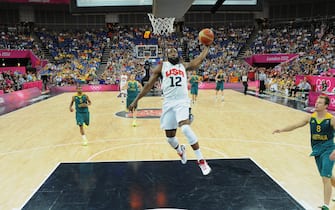 LONDON, ENGLAND - AUGUST 8: James Harden #12 of the US Men's Senior National Team dunks against Australia during their Basketball Game on Day 12 of the London 2012 Olympic Games at the North Greenwich Arena on August 8, 2012 in London, England.NOTE TO USER: User expressly acknowledges and agrees that, by downloading and/or using this Photograph, user is consenting to the terms and conditions of the Getty Images License Agreement. Mandatory Copyright Notice: Copyright 2012 NBAE (Photo by Garrett W. Ellwood/NBAE via Getty Images)