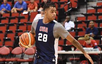 LAS VEGAS, NV - JULY 20:  D'Angelo Russell of the USA Men's National Team dribbles the ball during practice on July 20, 2016 at Mendenhall Center on the University of Nevada, Las Vegas campus in Las Vegas, Nevada. NOTE TO USER: User expressly acknowledges and agrees that, by downloading and or using this photograph, User is consenting to the terms and conditions of the Getty Images License Agreement. Mandatory Copyright Notice: Copyright 2016 NBAE (Photo by Andrew D. Bernstein/NBAE via Getty Images)