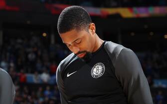 OKLAHOMA CITY, OK- MARCH 13: Spencer Dinwiddie #8 of the Brooklyn Nets stands for the National Anthem prior to the game against the Oklahoma City Thunder on March 13, 2019 at Chesapeake Energy Arena in Oklahoma City, Oklahoma. NOTE TO USER: User expressly acknowledges and agrees that, by downloading and or using this photograph, User is consenting to the terms and conditions of the Getty Images License Agreement. Mandatory Copyright Notice: Copyright 2019 NBAE (Photo by Zach Beeker/NBAE via Getty Images)