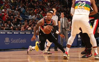 NEW ORLEANS, LA - FEBRUARY 11: Damian Lillard #0 of the Portland Trail Blazers drives to the basket against the New Orleans Pelicans on February 11, 2020 at the Smoothie King Center in New Orleans, Louisiana. NOTE TO USER: User expressly acknowledges and agrees that, by downloading and or using this Photograph, user is consenting to the terms and conditions of the Getty Images License Agreement. Mandatory Copyright Notice: Copyright 2020 NBAE (Photo by Layne Murdoch Jr./NBAE via Getty Images)