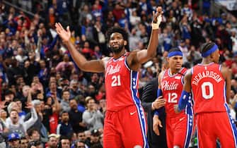 PHILADELPHIA, PA - FEBRUARY 11: Joel Embiid #21 of the Philadelphia 76ers reacts during a game against the LA Clippers on February 11, 2020 at the Wells Fargo Center in Philadelphia, Pennsylvania NOTE TO USER: User expressly acknowledges and agrees that, by downloading and/or using this Photograph, user is consenting to the terms and conditions of the Getty Images License Agreement. Mandatory Copyright Notice: Copyright 2020 NBAE (Photo by Jesse D. Garrabrant/NBAE via Getty Images)