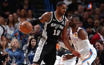 OKLAHOMA CITY, OK - FEBRUARY 11: LaMarcus Aldridge #12 of the San Antonio Spurs handles the ball during the game against the Oklahoma City Thunder on February 11, 2020 at Chesapeake Energy Arena in Oklahoma City, Oklahoma. NOTE TO USER: User expressly acknowledges and agrees that, by downloading and or using this photograph, User is consenting to the terms and conditions of the Getty Images License Agreement. Mandatory Copyright Notice: Copyright 2020 NBAE (Photo by Zach Beeker/NBAE via Getty Images)
