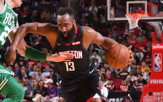 HOUSTON, TX - FEBRUARY 11: James Harden #13 of the Houston Rockets handles the ball against the Boston Celtics on February 11, 2020 at the Toyota Center in Houston, Texas. NOTE TO USER: User expressly acknowledges and agrees that, by downloading and or using this photograph, User is consenting to the terms and conditions of the Getty Images License Agreement. Mandatory Copyright Notice: Copyright 2020 NBAE (Photo by Bill Baptist/NBAE via Getty Images)