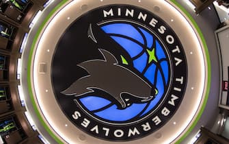 MINNEAPOLIS, MN - DECEMBER 16:  A wide angle view of the logo in the Minnesota Timberwolves locker room before the game against the Phoenix Suns on December 16, 2017 at Target Center in Minneapolis, Minnesota. NOTE TO USER: User expressly acknowledges and agrees that, by downloading and or using this Photograph, user is consenting to the terms and conditions of the Getty Images License Agreement. Mandatory Copyright Notice: Copyright 2017 NBAE (Photo by Jordan Johnson/NBAE via Getty Images)