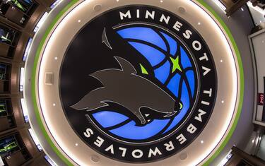 MINNEAPOLIS, MN - DECEMBER 16:  A wide angle view of the logo in the Minnesota Timberwolves locker room before the game against the Phoenix Suns on December 16, 2017 at Target Center in Minneapolis, Minnesota. NOTE TO USER: User expressly acknowledges and agrees that, by downloading and or using this Photograph, user is consenting to the terms and conditions of the Getty Images License Agreement. Mandatory Copyright Notice: Copyright 2017 NBAE (Photo by Jordan Johnson/NBAE via Getty Images)