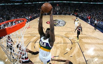 1200212203 NEW ORLEANS, LA - FEBRUARY 11: Zion Williamson #1 of the New Orleans Pelicans dunks the ball against the Portland Trail Blazers on February 11, 2020 at the Smoothie King Center in New Orleans, Louisiana. NOTE TO USER: User expressly acknowledges and agrees that, by downloading and or using this Photograph, user is consenting to the terms and conditions of the Getty Images License Agreement. Mandatory Copyright Notice: Copyright 2020 NBAE (Photo by Layne Murdoch Jr./NBAE via Getty Images)