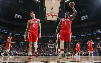 1195518941 NEW ORLEANS, LA - JANUARY 22: Zion Williamson #1 of the New Orleans Pelicans and Lonzo Ball #2 look on during the game against the San Antonio Spurs on January 22, 2020 at the Smoothie King Center in New Orleans, Louisiana. NOTE TO USER: User expressly acknowledges and agrees that, by downloading and or using this Photograph, user is consenting to the terms and conditions of the Getty Images License Agreement. Mandatory Copyright Notice: Copyright 2020 NBAE (Photo by Layne Murdoch Jr./NBAE via Getty Images)