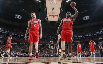 NEW ORLEANS, LA - JANUARY 22: Zion Williamson #1 of the New Orleans Pelicans and Lonzo Ball #2 look on during the game against the San Antonio Spurs on January 22, 2020 at the Smoothie King Center in New Orleans, Louisiana. NOTE TO USER: User expressly acknowledges and agrees that, by downloading and or using this Photograph, user is consenting to the terms and conditions of the Getty Images License Agreement. Mandatory Copyright Notice: Copyright 2020 NBAE (Photo by Layne Murdoch Jr./NBAE via Getty Images)