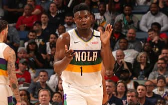 1200204554 NEW ORLEANS, LA - FEBRUARY 11: Zion Williamson #1 of the New Orleans Pelicans reacts to play during the game against the Portland Trail Blazers on February 11, 2020 at the Smoothie King Center in New Orleans, Louisiana. NOTE TO USER: User expressly acknowledges and agrees that, by downloading and or using this Photograph, user is consenting to the terms and conditions of the Getty Images License Agreement. Mandatory Copyright Notice: Copyright 2020 NBAE (Photo by Layne Murdoch Jr./NBAE via Getty Images)