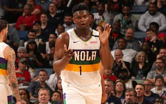 NEW ORLEANS, LA - FEBRUARY 11: Zion Williamson #1 of the New Orleans Pelicans reacts to play during the game against the Portland Trail Blazers on February 11, 2020 at the Smoothie King Center in New Orleans, Louisiana. NOTE TO USER: User expressly acknowledges and agrees that, by downloading and or using this Photograph, user is consenting to the terms and conditions of the Getty Images License Agreement. Mandatory Copyright Notice: Copyright 2020 NBAE (Photo by Layne Murdoch Jr./NBAE via Getty Images)