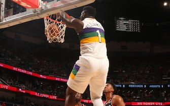 NEW ORLEANS, LA - FEBRUARY 11: Zion Williamson #1 of the New Orleans Pelicans dunks the ball against the Portland Trail Blazers on February 11, 2020 at the Smoothie King Center in New Orleans, Louisiana. NOTE TO USER: User expressly acknowledges and agrees that, by downloading and or using this Photograph, user is consenting to the terms and conditions of the Getty Images License Agreement. Mandatory Copyright Notice: Copyright 2020 NBAE (Photo by Layne Murdoch Jr./NBAE via Getty Images)