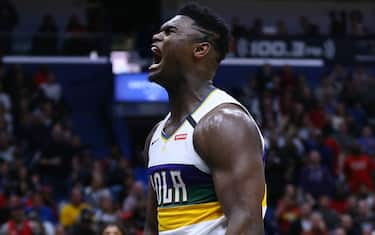 NEW ORLEANS, LOUISIANA - FEBRUARY 04: Zion Williamson #1 of the New Orleans Pelicans reacts against the Milwaukee Bucks during a game at the Smoothie King Center on February 04, 2020 in New Orleans, Louisiana. NOTE TO USER: User expressly acknowledges and agrees that, by downloading and or using this Photograph, user is consenting to the terms and conditions of the Getty Images License Agreement. (Photo by Jonathan Bachman/Getty Images)