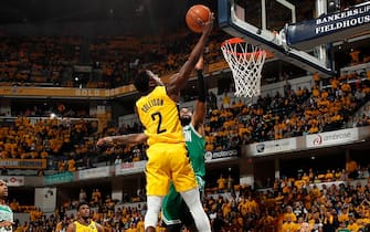 INDIANAPOLIS, IN - APRIL 21: Darren Collison #2 of the Indiana Pacers shoots the ball against the Boston Celtics during Game Four of Round One of the 2019 NBA Playoffs on April 21, 2019 at Bankers Life Fieldhouse in Indianapolis, Indiana. NOTE TO USER: User expressly acknowledges and agrees that, by downloading and or using this photograph, User is consenting to the terms and conditions of the Getty Images License Agreement. Mandatory Copyright Notice: Copyright 2019 NBAE (Photo by Jeff Haynes/NBAE via Getty Images)