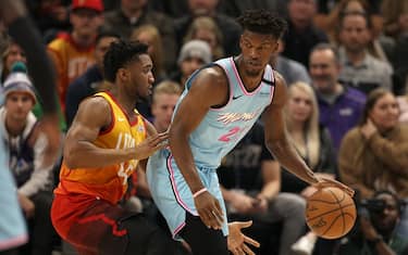 SALT LAKE CITY, UT -  FEBRUARY 12:  Jimmy Butler #22 of the Miami Heat posts up against Donovan Mitchell #45 of the Utah Jazz at Vivint Smart Home Arena on February 12, 2020 in Salt Lake City , Utah. NOTE TO USER: User expressly acknowledges and agrees that, by downloading and or using this photograph, User is consenting to the terms and conditions of the Getty Images License Agreement.(Photo by Chris Gardner/Getty Images)