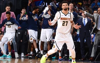 DENVER, CO - FEBRUARY 12: Jamal Murray #27 of the Denver Nuggets reacts to play against the Denver Nuggets on February 12, 2020 at the Pepsi Center in Denver, Colorado. NOTE TO USER: User expressly acknowledges and agrees that, by downloading and/or using this Photograph, user is consenting to the terms and conditions of the Getty Images License Agreement. Mandatory Copyright Notice: Copyright 2020 NBAE (Photo by Bart Young/NBAE via Getty Images)