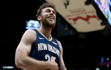 NEW ORLEANS, LOUISIANA - JANUARY 31: Nicolo Melli #20 of the New Orleans Pelicans reacts to a call during a NBA game against the Memphis Grizzlies at Smoothie King Center on January 31, 2020 in New Orleans, Louisiana. NOTE TO USER: User expressly acknowledges and agrees that, by downloading and or using this photograph, User is consenting to the terms and conditions of the Getty Images License Agreement. (Photo by Sean Gardner/Getty Images)