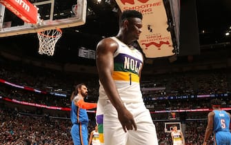NEW ORLEANS, LA - FEBRUARY 13: Zion Williamson #1 of the New Orleans Pelicans looks on during the game against the Oklahoma City Thunder on February 13, 2020 at the Smoothie King Center in New Orleans, Louisiana. NOTE TO USER: User expressly acknowledges and agrees that, by downloading and or using this Photograph, user is consenting to the terms and conditions of the Getty Images License Agreement. Mandatory Copyright Notice: Copyright 2020 NBAE (Photo by Layne Murdoch Jr./NBAE via Getty Images)