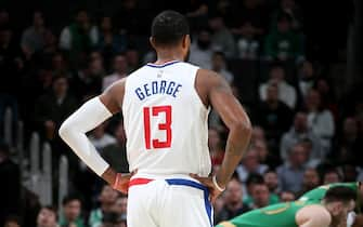 BOSTON, MA -Â  FEBRUARY 13: Paul George #13 of the LA Clippers looks on during a game against the Boston Celtics on February 13, 2020 at TD Garden in Boston, MA. NOTE TO USER: User expressly acknowledges and agrees that, by downloading and or using this Photograph, user is consenting to the terms and conditions of the Getty Images License Agreement. Mandatory Copyright Notice: Copyright 2020 NBAE (Photo by Ned Dishman/NBAE via Getty Images)