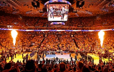 OAKLAND, CA - JUNE 05: A wide angle view of Metallica performing the National Anthem before Game Three of the NBA Finals between the Toronto Raptors and the Golden State Warriors on June 5, 2019 at Oracle Arena in Oakland, California. NOTE TO USER: User expressly acknowledges and agrees that, by downloading and/or using this photograph, user is consenting to the terms and conditions of the Getty Images License Agreement. Mandatory Copyright Notice: Copyright 2019 NBAE (Photo by Rey Josue II/NBAE via Getty Images)